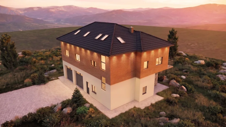 Povišeni večernji pogled na bočnu i stražnju stranu doma GSS HBŽ, krov i okolni krajolik